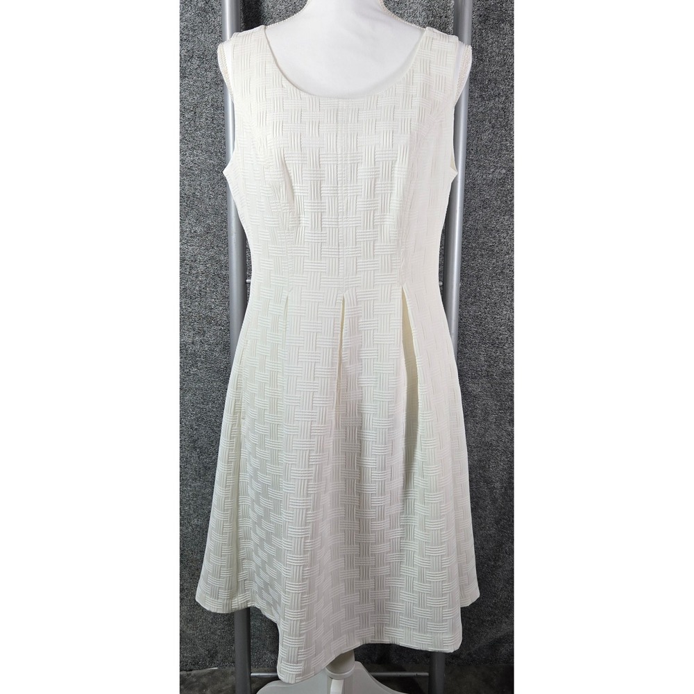 Nine West Womens 10 Ivory White Textured Basketweave Fit and Flare Dress Pleated